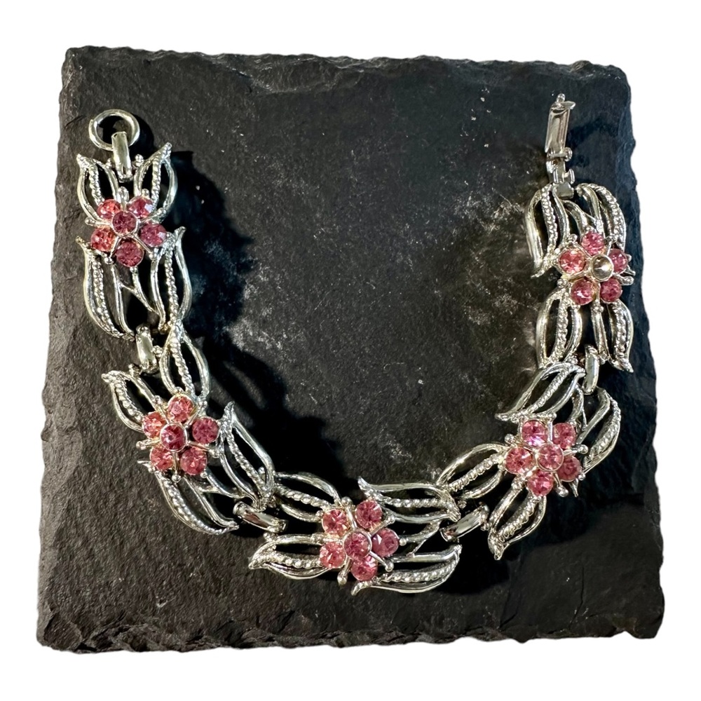 Vintage Signed Coro Mid Century Silver Bracelet Pink Rhinestone Flowers